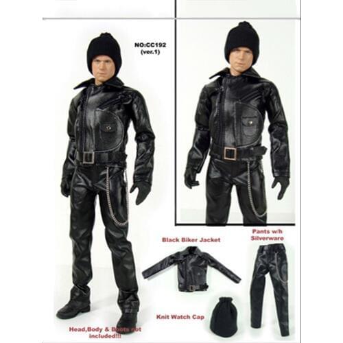 1/6 Scale Black Leather Motorcycle Overcoat Pants Belt Hat Set Models for 12''Male Figures Bodies