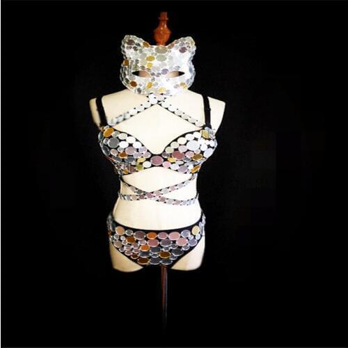 D43 Ballroom dance singer wears outfits dance costumes stage silver mirror bikini dj clothe sexy bodysuit party dress outfit bar