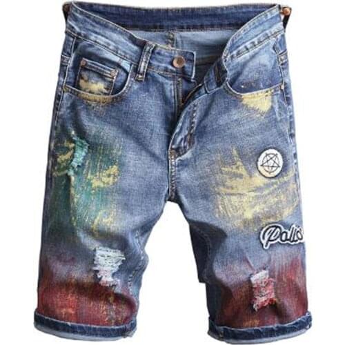 New Mens male fashion casual colored painted ripped shorts Knee length holes stretch denim jeans Summer Capri
