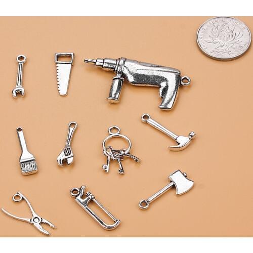 10pcs admixture antique silver Color charms Electric drill ax scissors tool charm for necklace pendant jewelry making
