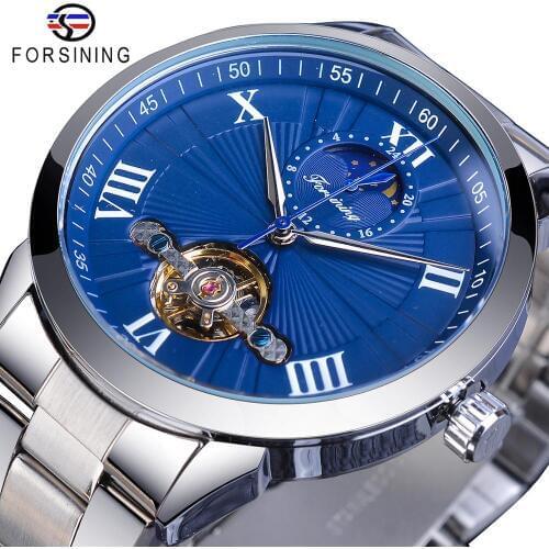 Forsining Blue Fashion Mechanical Watch Male Tourbillon Automatic Moonphase Stainless Steel Analog Watches Reloj hombre Dropship