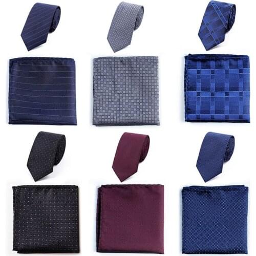 GUSLESON Classic 6.5cm Solid Plaid Striped Tie Set For Men Necktie Handkerchief Set for Neck Tie Set for Wedding Party Suit