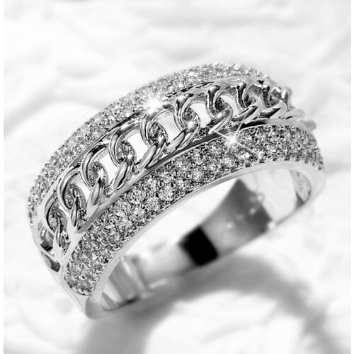 Huitan Luxury Inlaid Chain Women Rings Full Paved CZ Stone Brilliant Bridal Wedding Party Finger Accessories New Fashion Jewelry