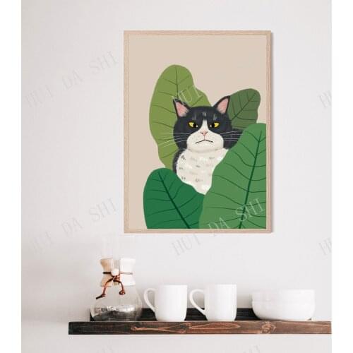 Cat Wall Art, Animal Wall Art, Cat Art, Cat and Plant Art, Plant Art, Bohemian Art, Boho Style, Cat Gift, Animal Print