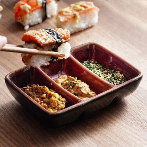 Creative Ceramic Dip Vinegar Plate Japanese Three-checker Dip Plate Restaurant Dip Plate Rectangular Family Dip Plate