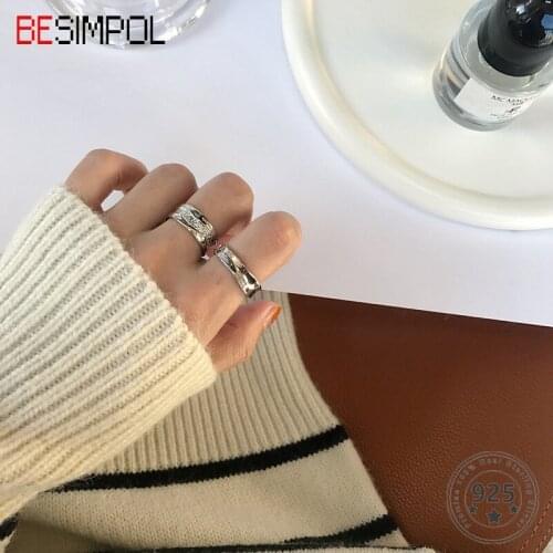 Besimpol Real 925 Sterling Silver Ring Fashion Circle Zircons Irregulr Shape Adjustable Open Rings For Women Fine Jewelry Gifts