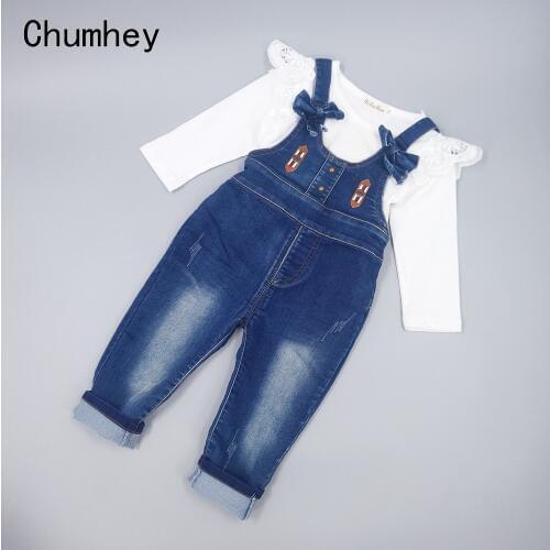 Spring 2 Pieces Baby Girls Clothing Sets Kids Jeans Bib Overalls High Quality Cotton T Shirt With Denim Jumpsuits Girls Clothes