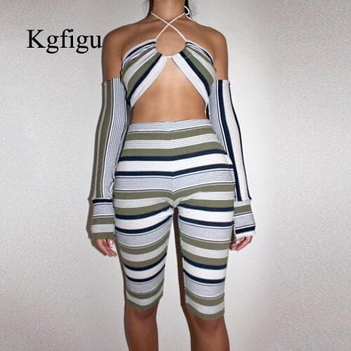 KGFIGU Knitted Print Rib Material Party Shorts Tracksuits Women Sexy Strapless Tank Tops High Waist Trousers 2 Piece Sets