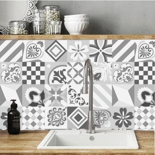 Tile Stickers Grey geometry Self -Adhesive Wall Stickers Anti Oil Waterproof Simulation Tiles Kitchen Bathroom Decor Customed