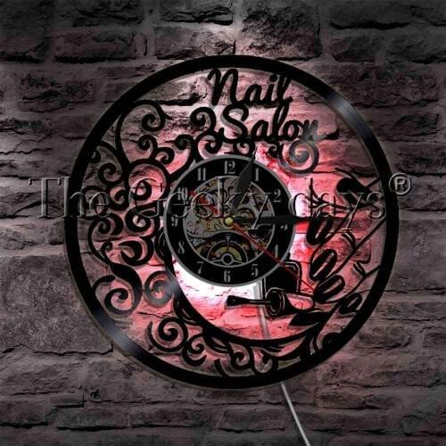 Nail Salon Manicure Stylist LED Light Sign Beauty Salon Nail Polish Bottles Decorative Lighting Vinyl Record Wall Clock