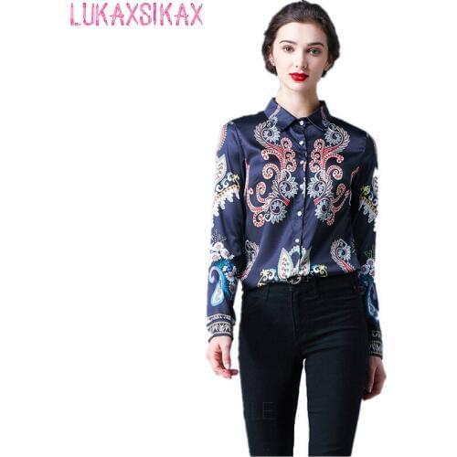 LUKAXSIKAX 2020 New Spring Autumn Women Long Sleeve Shirt High Quality Fashion Retro Print Runway Shirt Casual Women Tops
