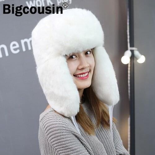 2020 New Fashion Women Faux Rabbit Fur Russian Winter Hats Warm Cap Bomber Hats Earmuffs Earflap Ski Outdoor Winter Cap DW24