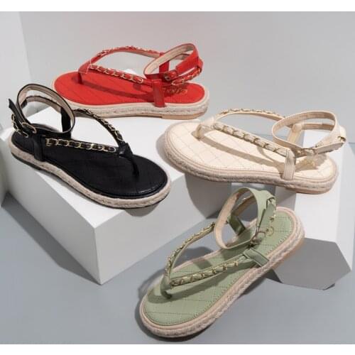 Flip-Flops womens 2021 new versatile chain thin strap linen platform summer beach Roman sandals womens fashion