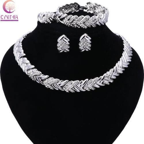 Wedding Silver Color Jewelry Sets For Women Elegant Rhinestone Pendant Necklace Bangle Ring Wedding Gift Costume Jewelry Sets