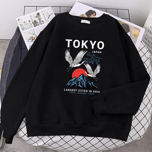Japanese Twin Cranes Sunset Over Mount Fuji Print Sweatshirt Fashion Punk Womens Pullovers Aesthetic Warm O-Neck Hoody Female