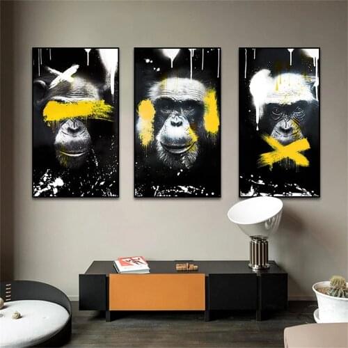Three Black Monkey with Colorful Mark Canvas Painting Abstract Animals Posters and Prints Modern Wall Art for Living Room Decor