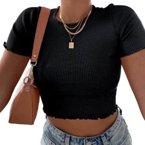 Women Summer Ribbed T-shirt Adults Slim Fit Short Sleeve Round Neck Lettuce Trim Crop Top