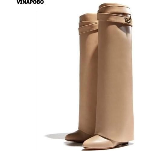 Silver Metal Shark lock Knee high Boots Women Pointed Toe Leather Wedge Increase Height High Heel Shoes Woman Over The Knee boot