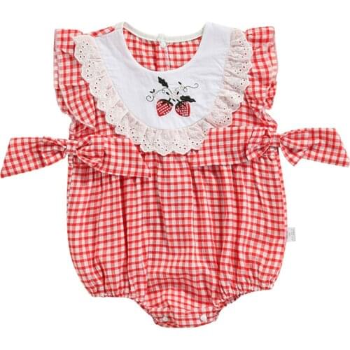 Pudcoco 0-24M Romper Girls Red Plaid Summer Bowknot O-Neck Sleeveless Leotard Strawberry Embroidery Print Bowknot Playsuit
