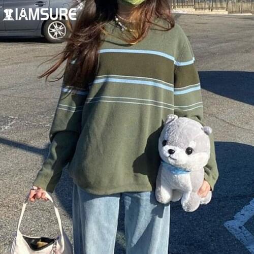 IAMSURE Striped Oversized Sweater Women 2021 Autumn Winter Streetwear Casual Loose Long Sleeve Knitted Pullovers Preppy Style