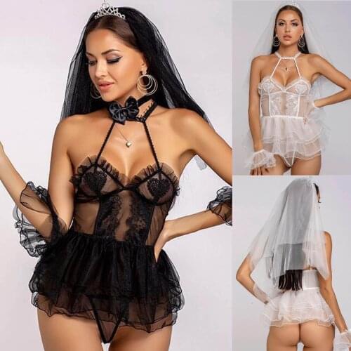 Women Sexy Erotic Costumes See-Through Net Yarn White Bridal Gown Pajamas Nightdress Set WomenS Pajamas Wedding Sleepwear