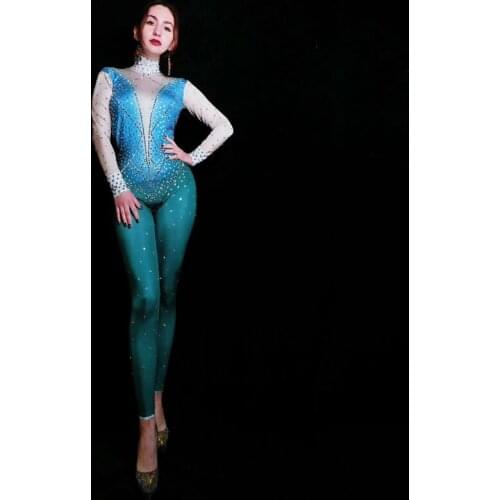 Women Sexy Silver Rhinestones Backless Jumpsuit Birthday Celebrate Outfit Nude Blue Bodysuit Evening Singer Dance DS DJ Jumpsuit