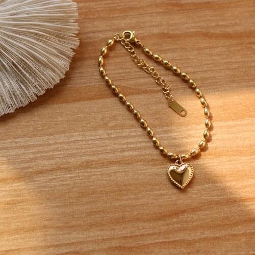 Women Vintage Heart Metal Pendant Bracelet Gold Color Stainless Steel Beaded Chain Wrist Bracelet браслеты женские Gala Gift