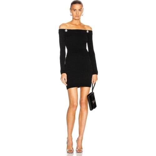 Hight Quality New Fashion Sexy Slash Neck Off Shoulder Full Sleeve Button Bodycon Bandage Dress 2020 Vintage Elegant Femal Club