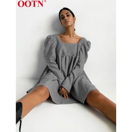 OOTN Black White Plaid Female Autumn Casual Mini Dress Puff Sleeve Square Neck Elegant Ladies Vintage A Line Women Dresses 2021