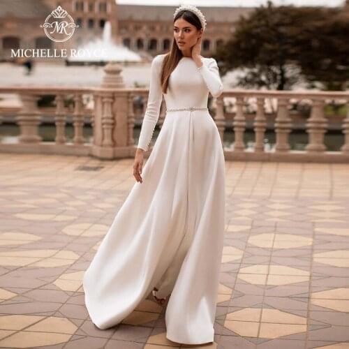 Michelle Royce A-Ling Wedding Dresses 2020 Scoop Long Sleeve Beading Button Backless Chapel Train Bridal Gowns Vestido De Noiva