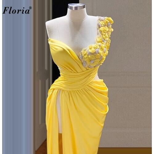 2021 Yellow Flowers Evening Dresses Long Mermaid Evening Gowns Simple Prom Party Dresses For Women Vestidos Elegantes Para Mujer
