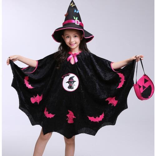 2018 NEW HOT Fashion Kids Baby Girls Halloween Costume Dress Party Cloak+Hat Outfit+Pumpkin Bag