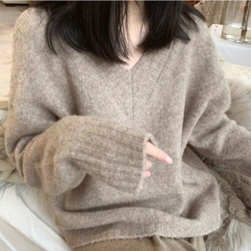 2021 Autumn Winter Cashmere Sweaters Women Fashion Sexy V-neck Pullover Loose Long Sleeve Solid Knitted Tops Jumper Pull Femme