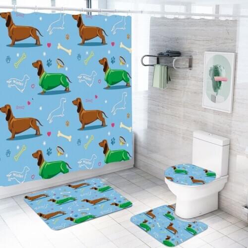 3/4 Pieces Sausage Dogs Shower Curtains Sets 3D Print Cartoon Animals Bathroom Sets Dachshund Bath Mat Pad Cover Toilet Cover