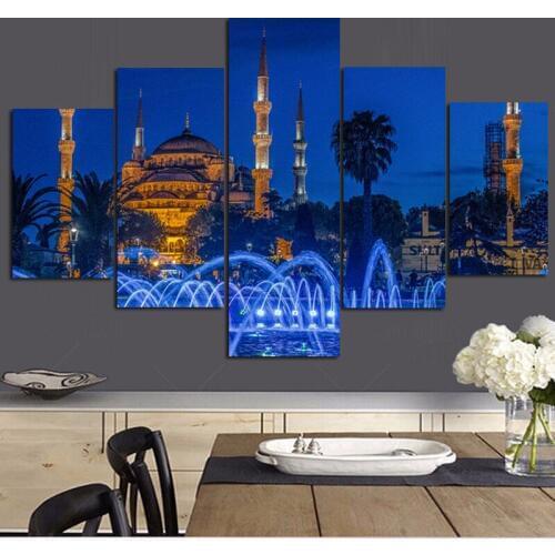 5Panel HD Print Islamic Turkey Istanbul Sultan Ahmed Mosque Religious Landscape on Canvas Wall Modular Painting for Living Room