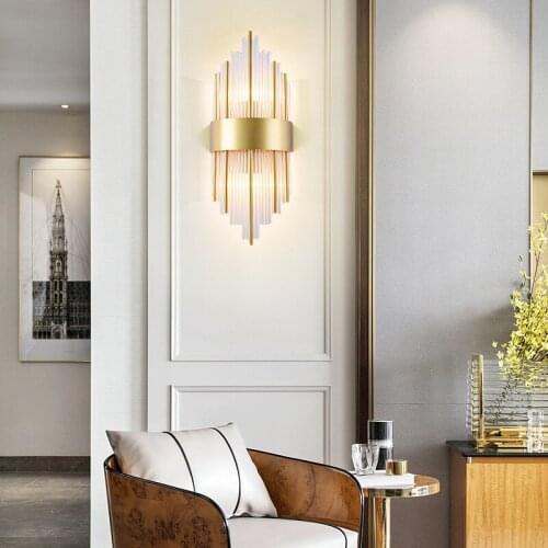 American European post modern golden metal crystal glass tube wall light lamp LED for villa hotel foyer living room wall sconce