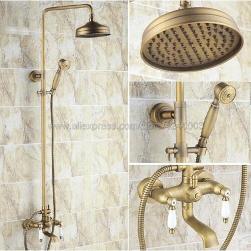 Antique Brass 8" Rainfall Round Showerhead Bathroom Shower Mixer Taps Wall Mount Tub Shower Faucet with Handshower Krs146