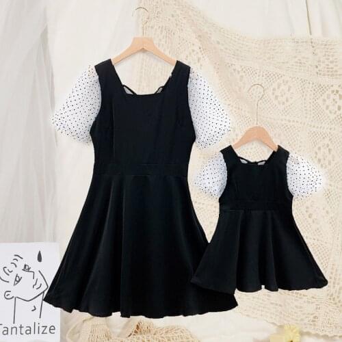 Baywell Summer Family Matching Outfits Parent-child Dress Casual Mother Kids Polka Dot Lace Puff Sleeve Dress Korean Family Look