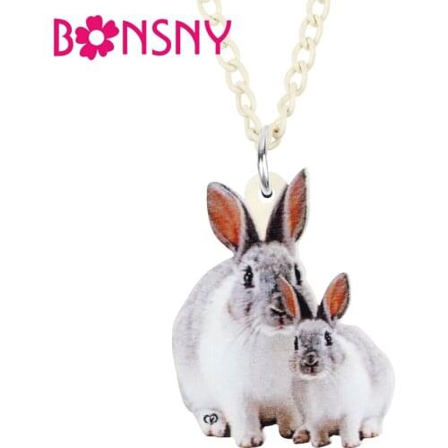 BONSNY Mothers Day Acrylic Gray Rabbit Bunny Necklace Pendant Fashion Chain Unique Novelty Jewelry For Women Girls Gifts