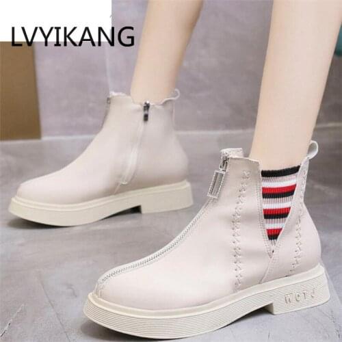 LVYIKANG Boots For Women Beige Boots Fashion Autumn Boots Women New Front Zipper Ankle Martin Boots Black Leather Womens Boots