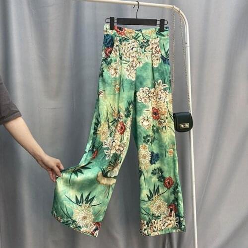 Satin Silk printing Bohemian High waist Wide Leg Pants Women Casual Loose big size summer Straight pants Ladies lace-up trousers