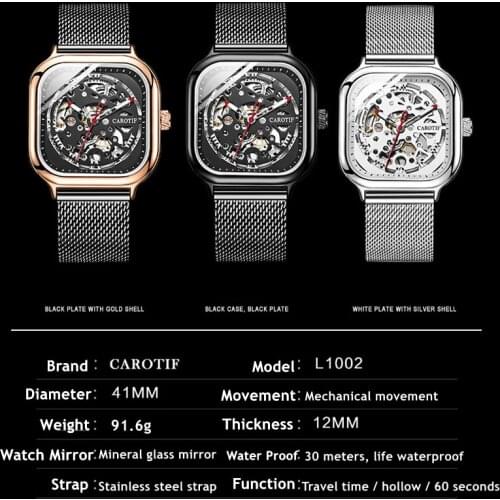 MenS Watch Fully Automatic Mechanical Watch Hollow Watch Waterproof Fashion Square Large Dial Watch Stainless Steel Strap