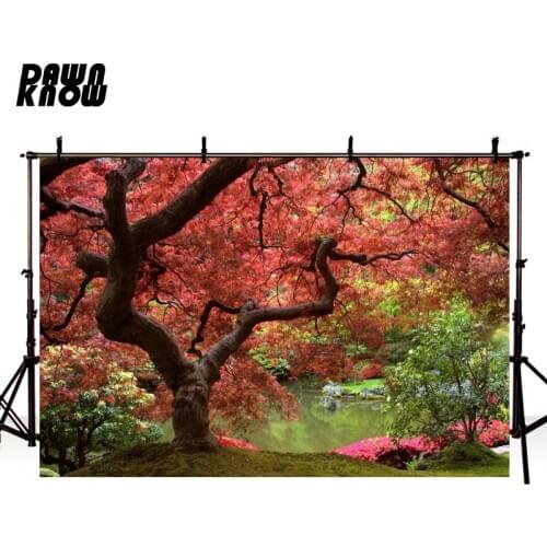 DAWNKNOW Maple Leaf Tree Photography Background Lake Scenic Photographic Backdrops Wedding Children Photocall lv1454