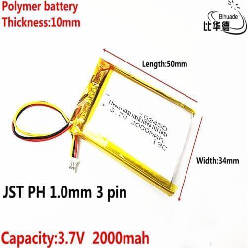 JST PH 1.0mm 3 pin Good Qulity 3.7V lithium battery early 103450 2000mAh headlight GPS navigator general polymer batteries