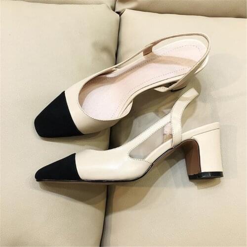 Kmeioo summer classic backless pumps round toe block heels back strap sandals black apricot shallow dress shoes