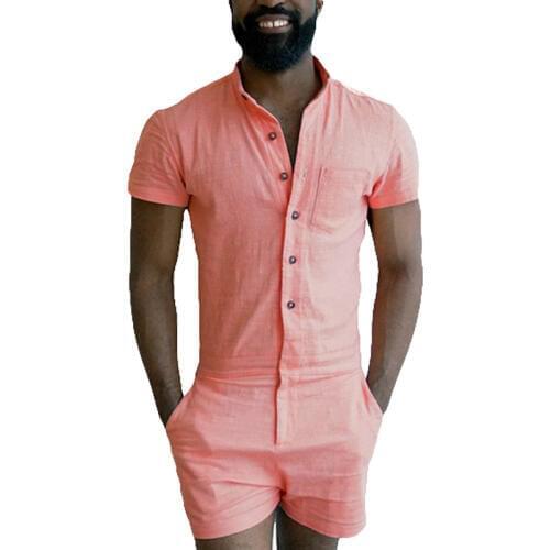 Fashion Party Short Sleeve Mens Rompers New Summer Single Breasted Elastic Jumpsuit Cargo Pants Zipper Trousers Male Overalls