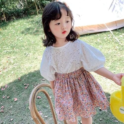 Kids Clothes Girls Set Summer 2021 Fashion Hollow Out Cotton Short Sleeve Top+ Floral Skirt 2PCS Set Toddler Children Clothing