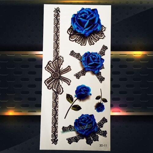 1PC Henna Lace Bowknot Designs Flash Temporary Tattoo Blue Roses P3D-11 Sexy Women Makeup Fake Tattoo Self Adhesive Body Art Leg