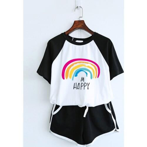 Girls Rainbow Printed Cute Short Sleeve Cotton Pajamas Sets For Women Nightshirt Casual Home Short Sleepwear Women Sets