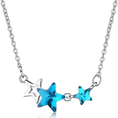 New Arrival Crystal Female 925 Sterling Silver Jewelry Blue Five-pointed Star Clavicle Chain Pendant Necklaces H408